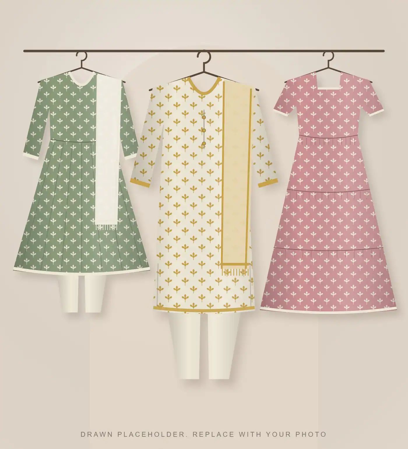 Three festive outfits on a clothes rail: a sage kurta set, an ivory kurta set and a rose dress