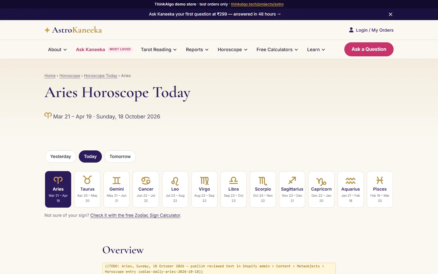 AstroKaneeka demo store, horoscope page