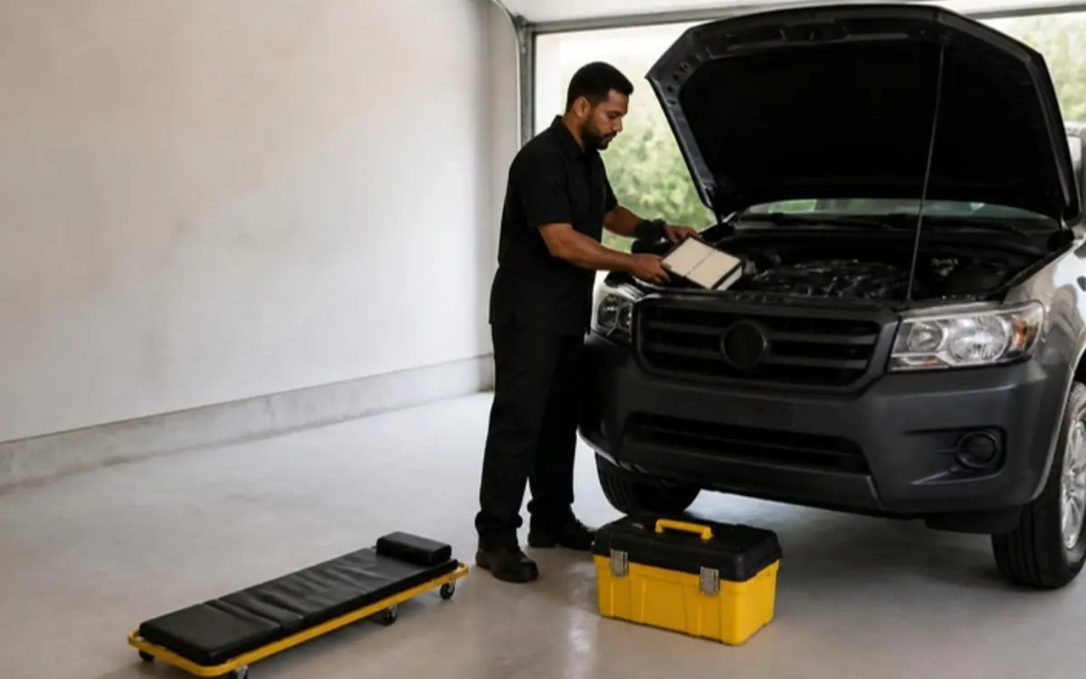 Fitmark demo store, hero photo (a generated sample picture): A man fits a new air filter under the open hood of a pickup in a tidy home garage