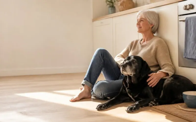 Greymuzzle demo store, hero photo (a generated sample picture): A woman sits on a sunny kitchen floor beside her grey-muzzled black Labrador, one hand on his shoulder