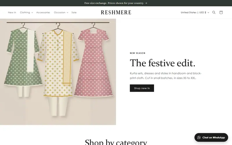 Reshmere demo store, home page, with drawn placeholder pictures