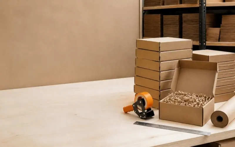 Flutework demo store, hero photo (a generated sample picture): A tidy packing station with stacks of plain kraft mailer boxes, an open mailer and a tape dispenser on a plywood bench
