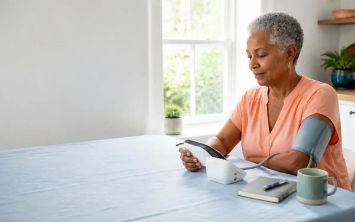 Homevital demo store, hero photo (a generated sample picture): A woman in her late sixties reads her home blood pressure monitor at a bright kitchen table by a window