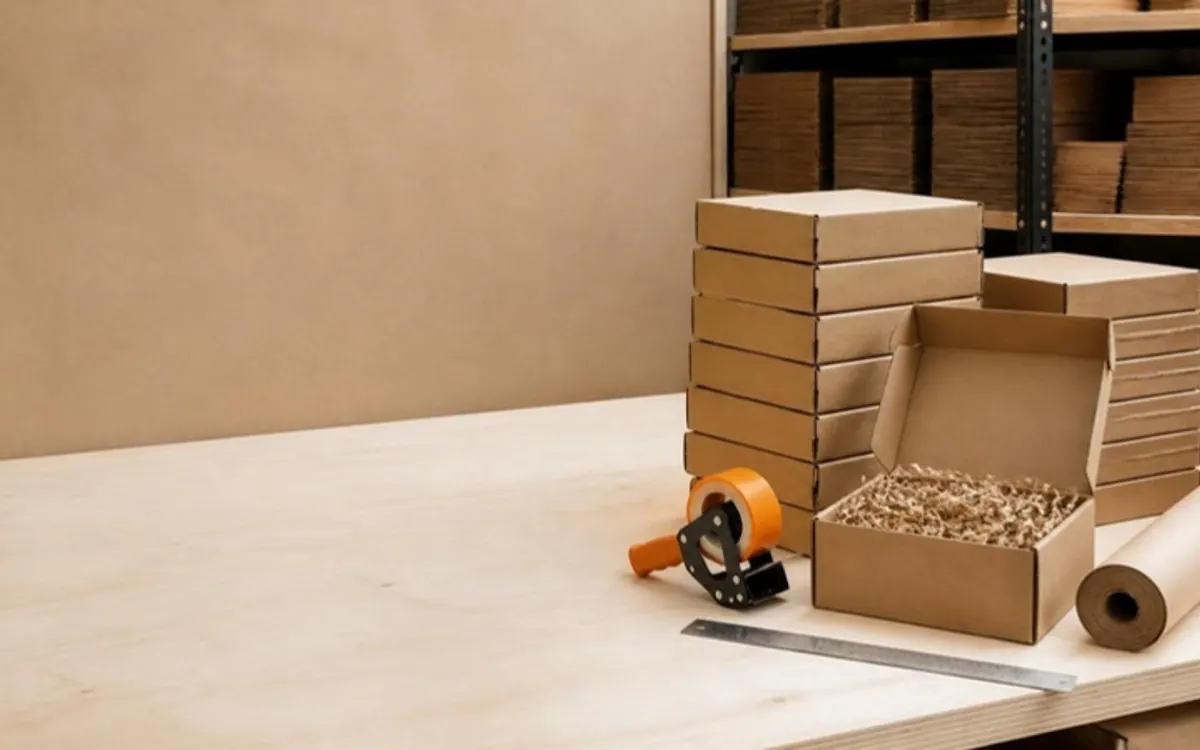 Flutework demo store, hero photo (a generated sample picture): A tidy packing station with stacks of plain kraft mailer boxes, an open mailer and a tape dispenser on a plywood bench