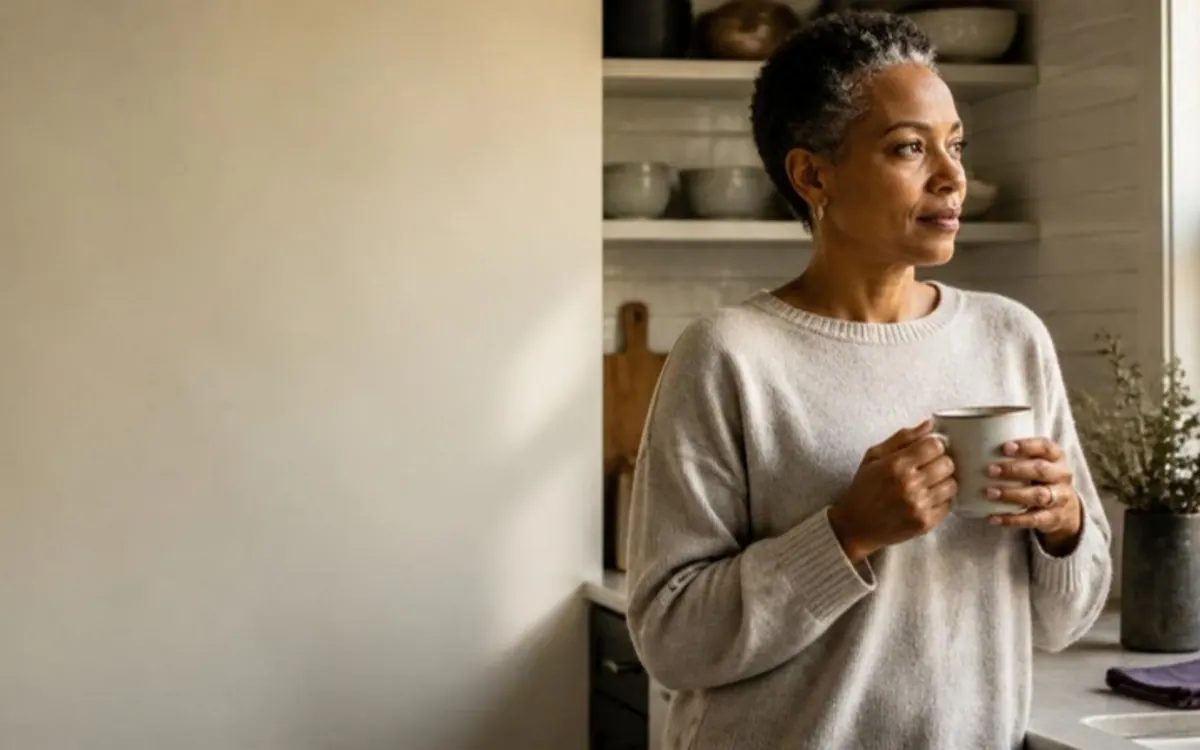 Emberwell demo store, hero photo (a generated sample picture): A woman in her late 40s with grey at her temples holds a mug at a kitchen window in early morning light
