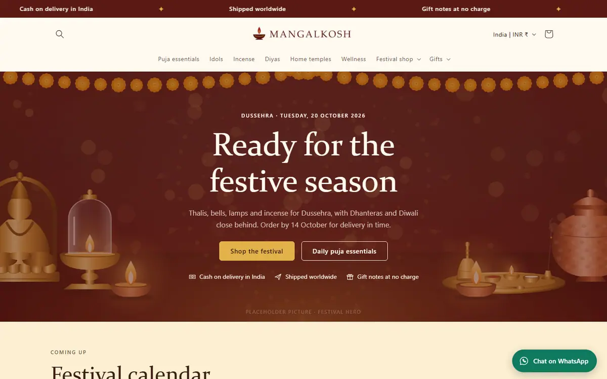 Mangalkosh demo store, home page on a desktop screen, with drawn placeholder pictures