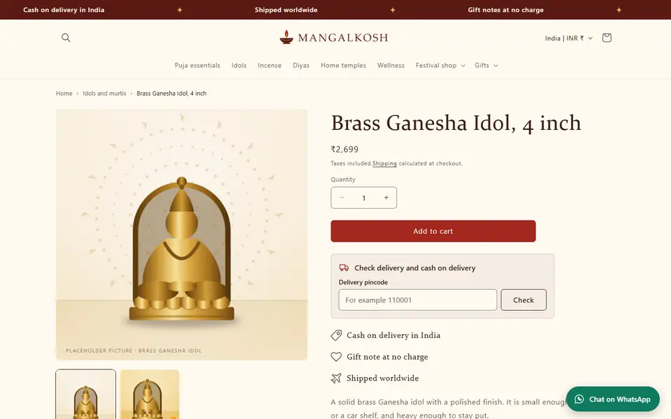 Mangalkosh demo store, product page with the pincode check